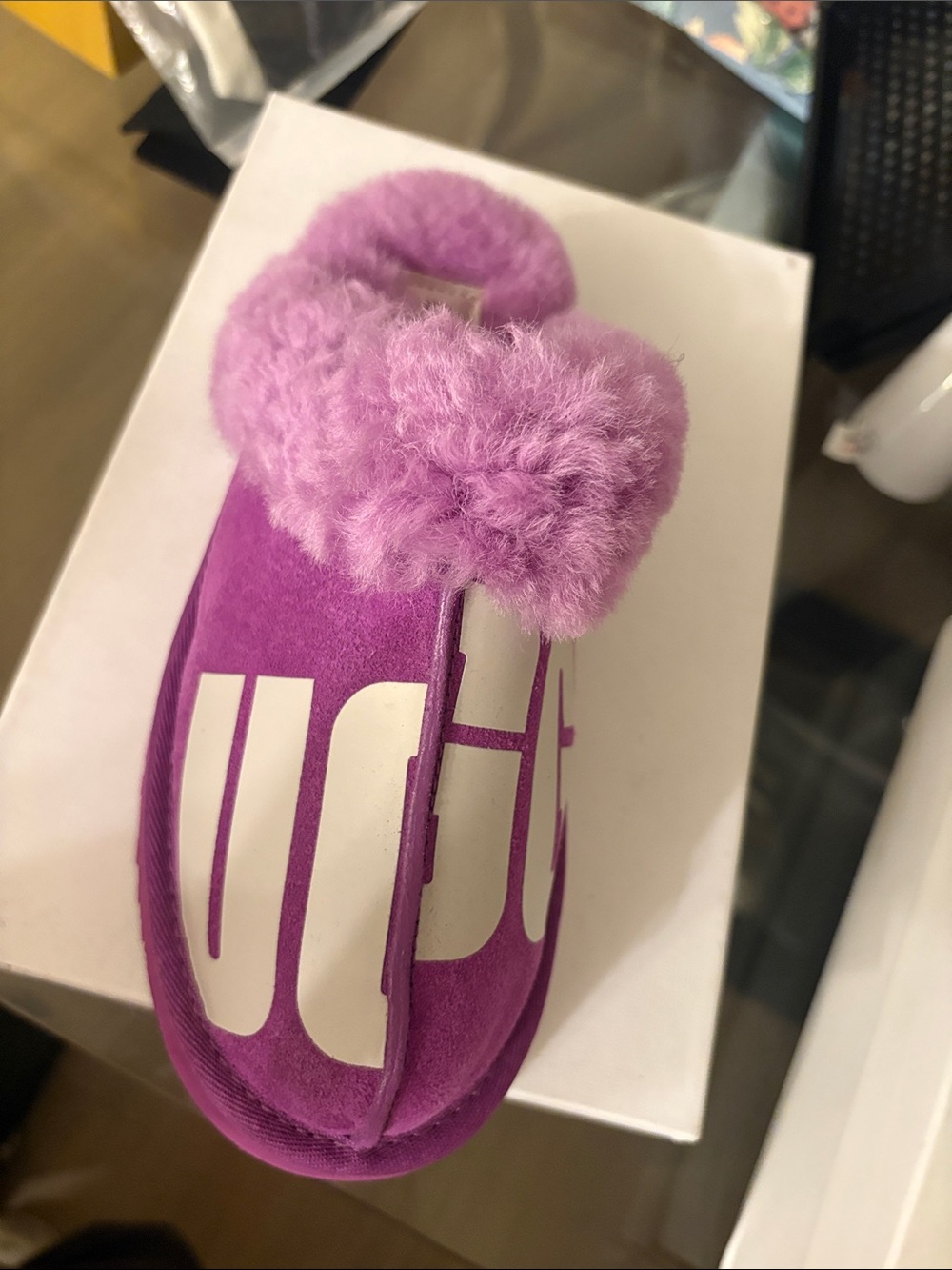 UGG Purple Fuzzy Logo Slip-On Slippers no box